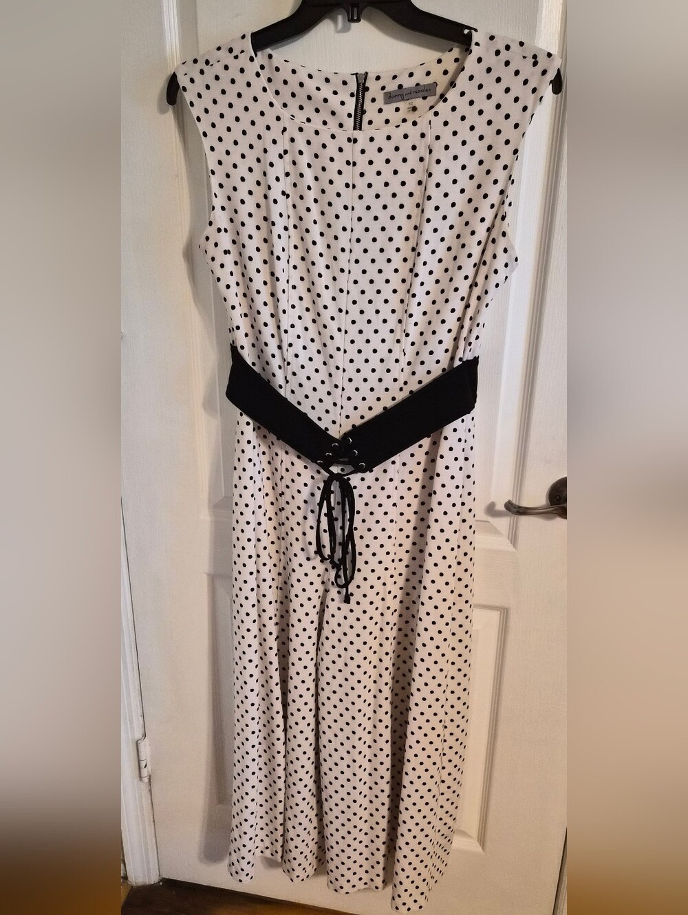 Danny & Nicole White Polka Dot Sleeveless Jumpsuit with Black Lace Corset Belt